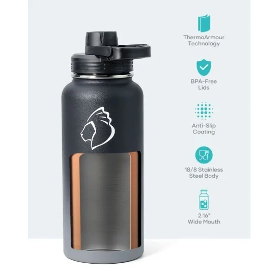 Buzio Trio Series Water Bottle with 3 Lids and Sleeve 1L - Shadow